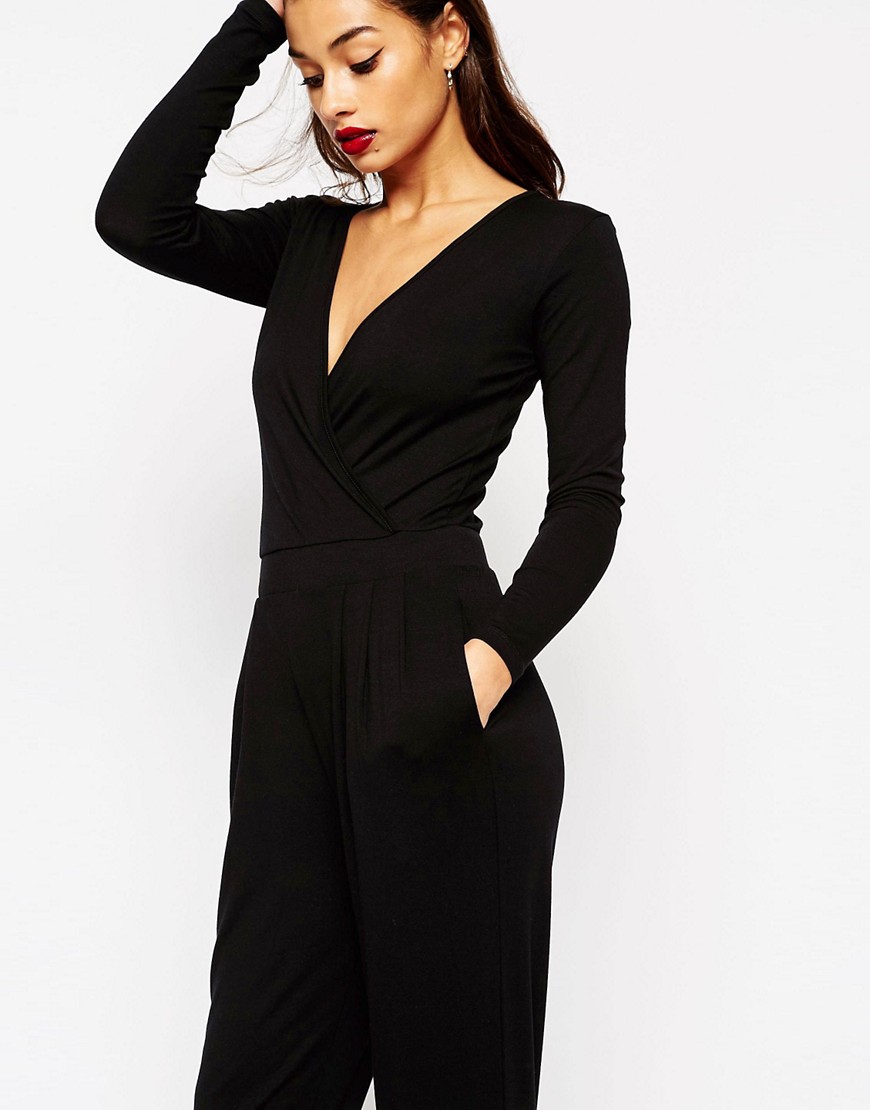 Image 3 of ASOS PETITE Wrap Front Jumpsuit with Long Sleeves