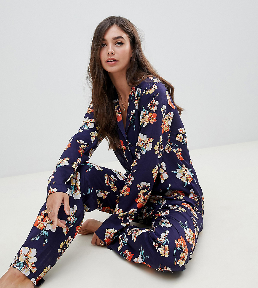 ASOS DESIGN Tall oversized sketched floral print traditional 100% Modal trouser set