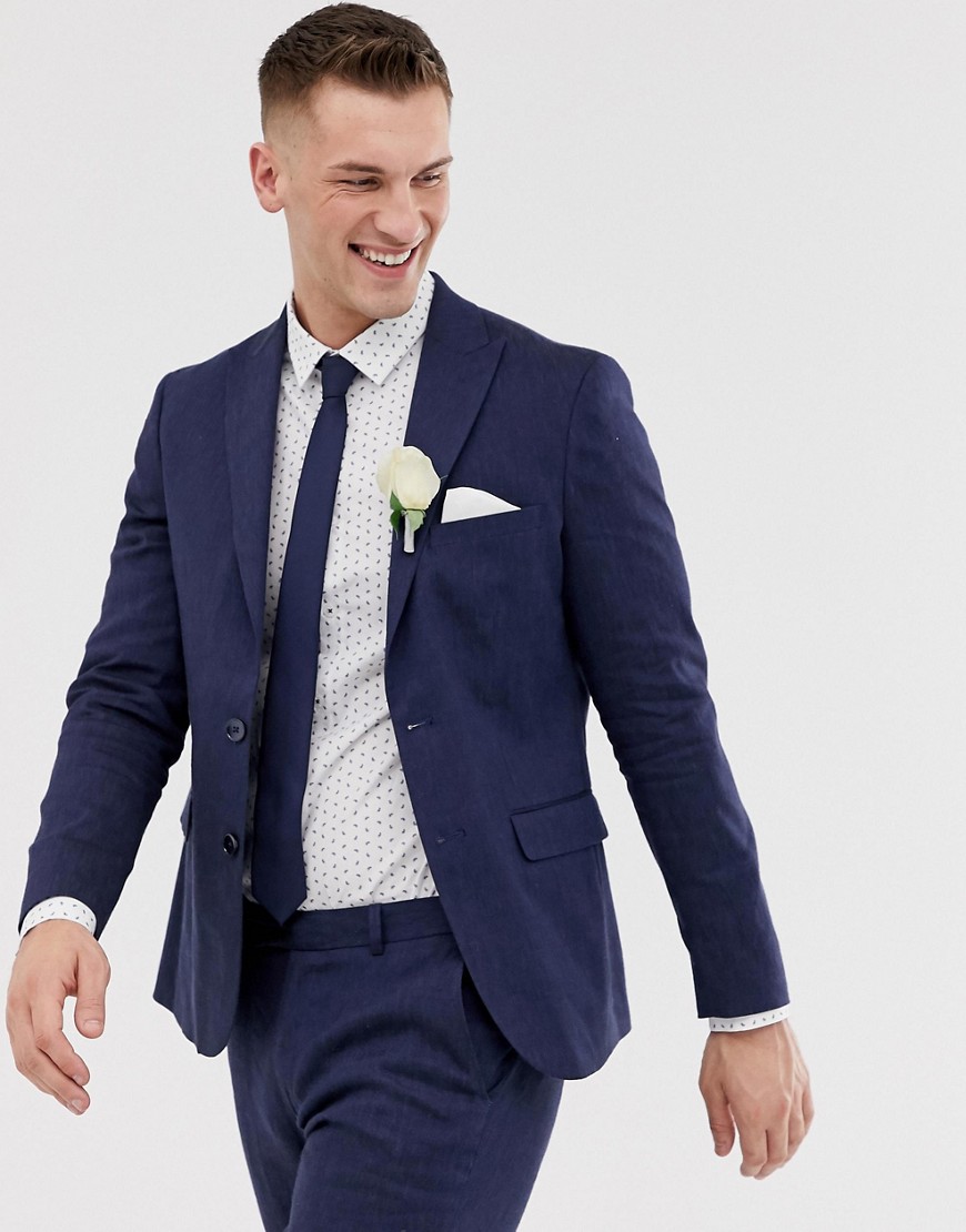 Moss London slim suit jacket in navy linen with stretch