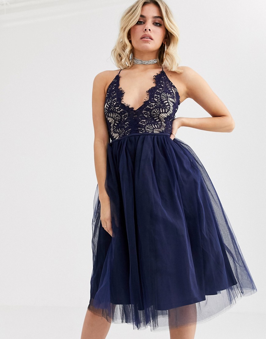 Rare London cami strap dress with cup detail and tulle skirt in navy