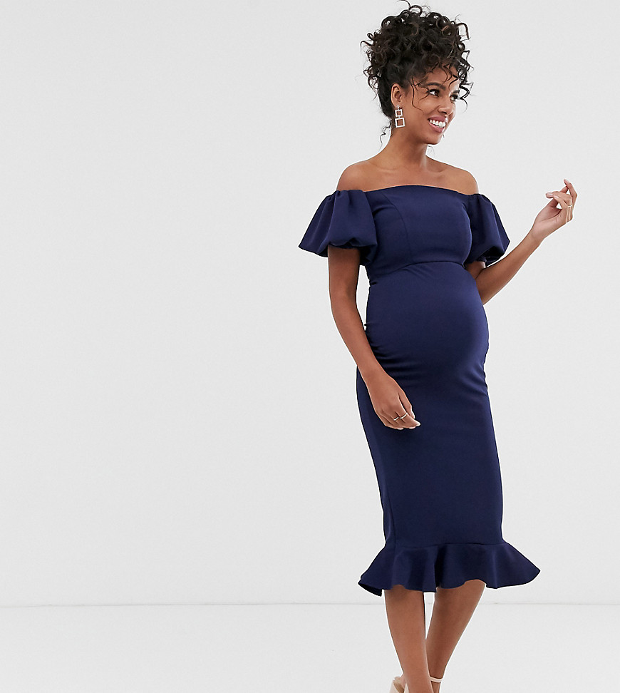 Queen Bee Maternity off shoulder puff sleeve dipped hem midi dress in navy