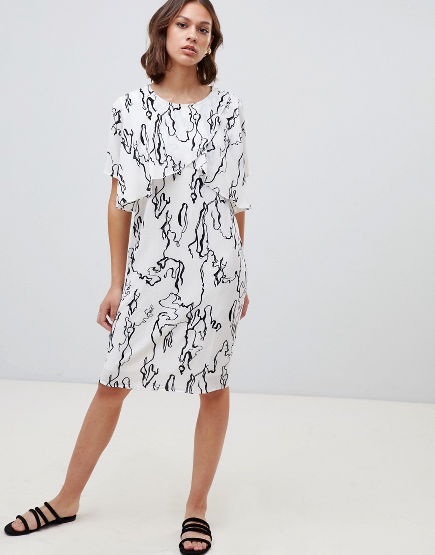 Ichi Marble Print Shift Dress With Ruffle Layer