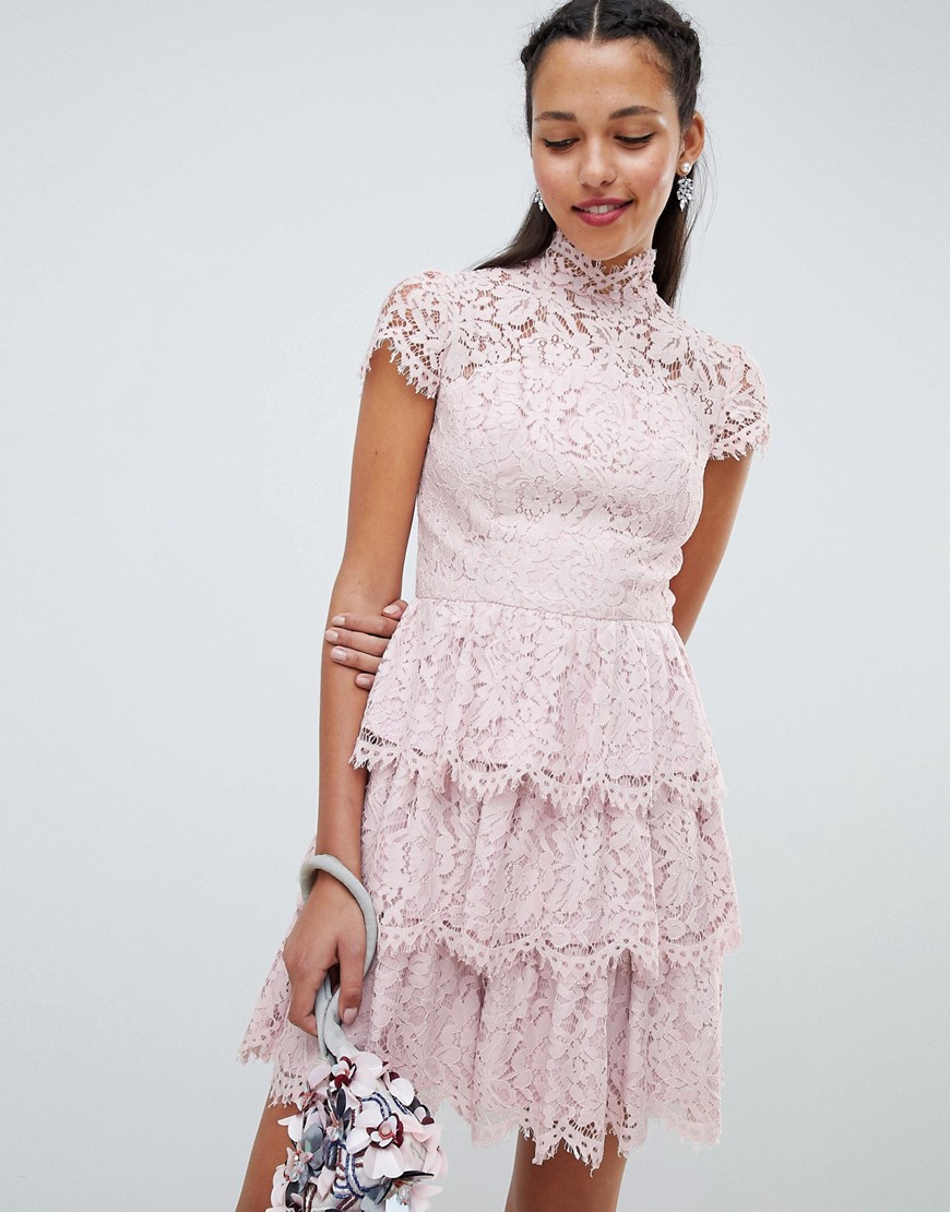 Chi Chi London tiered lace high neck skater dress