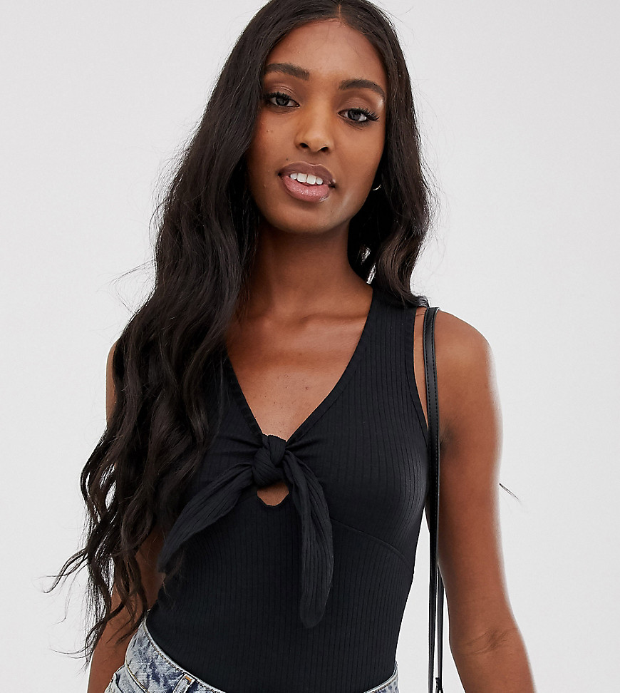 Brave Soul Tall ribbed tie front body in black