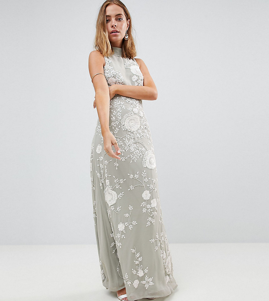 Frock And Frill Petite Premium All Over Embellished High Neck Trophy Maxi Dress - Grey/white