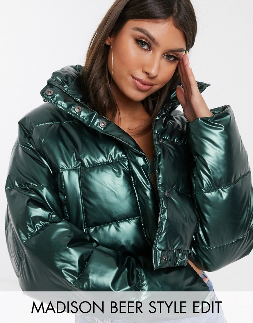 Asos Design Glam Metallic Crop Puffer Jacket-gray