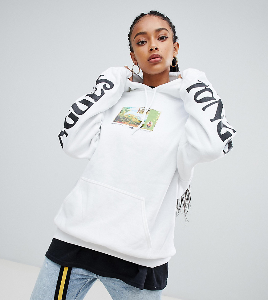 Crooked Tongues oversized hoodie In white with photo print & sleeve print