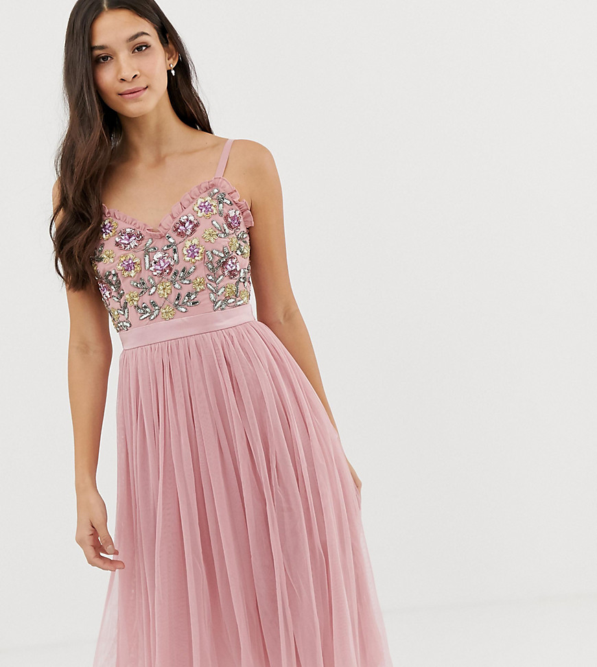 Maya cami strap contrast embellished top tulle detail midi dress in vintage rose
