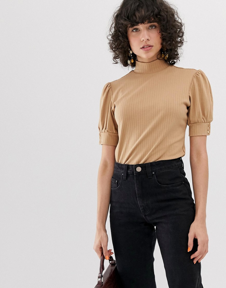 Lost Ink high neck top with puff sleeve in rib