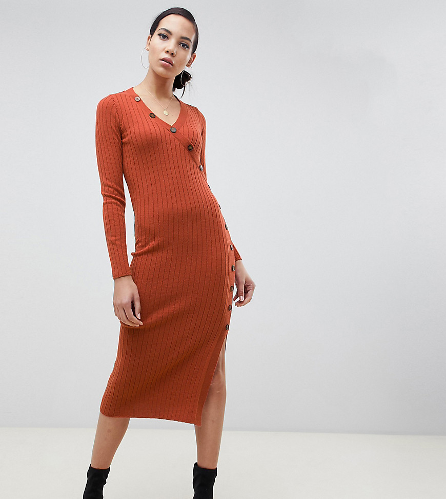 ASOS DESIGN Tall dress in rib knit with button detail