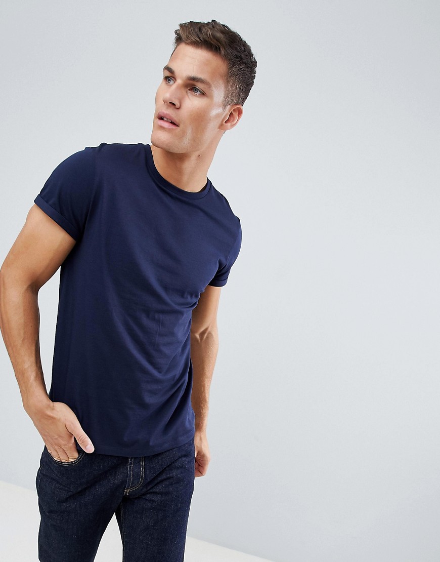 ASOS DESIGN t-shirt with crew neck with roll sleeve in navy
