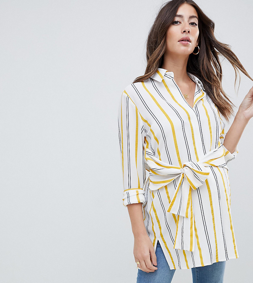 ASOS DESIGN Maternity longline long sleeve shirt with tie detail in stripe