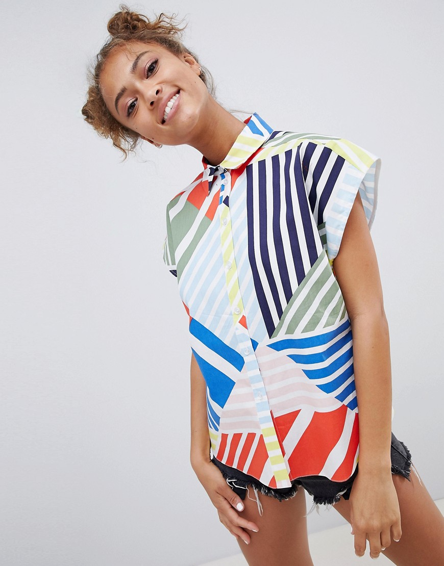 Asos Design Cotton Boxy Shirt In Bright Abstract - White