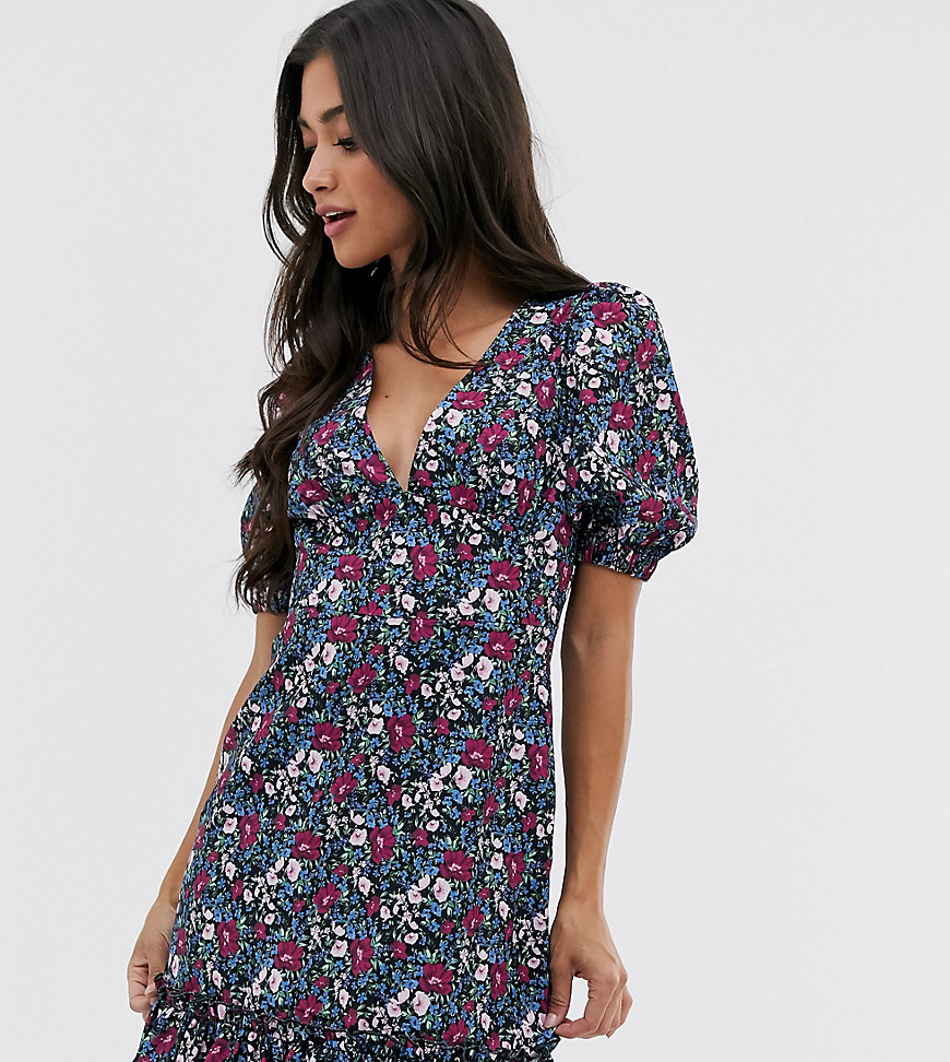 Fashion Union Petite tea dres with puff sleeves and frill hem in vintage floral