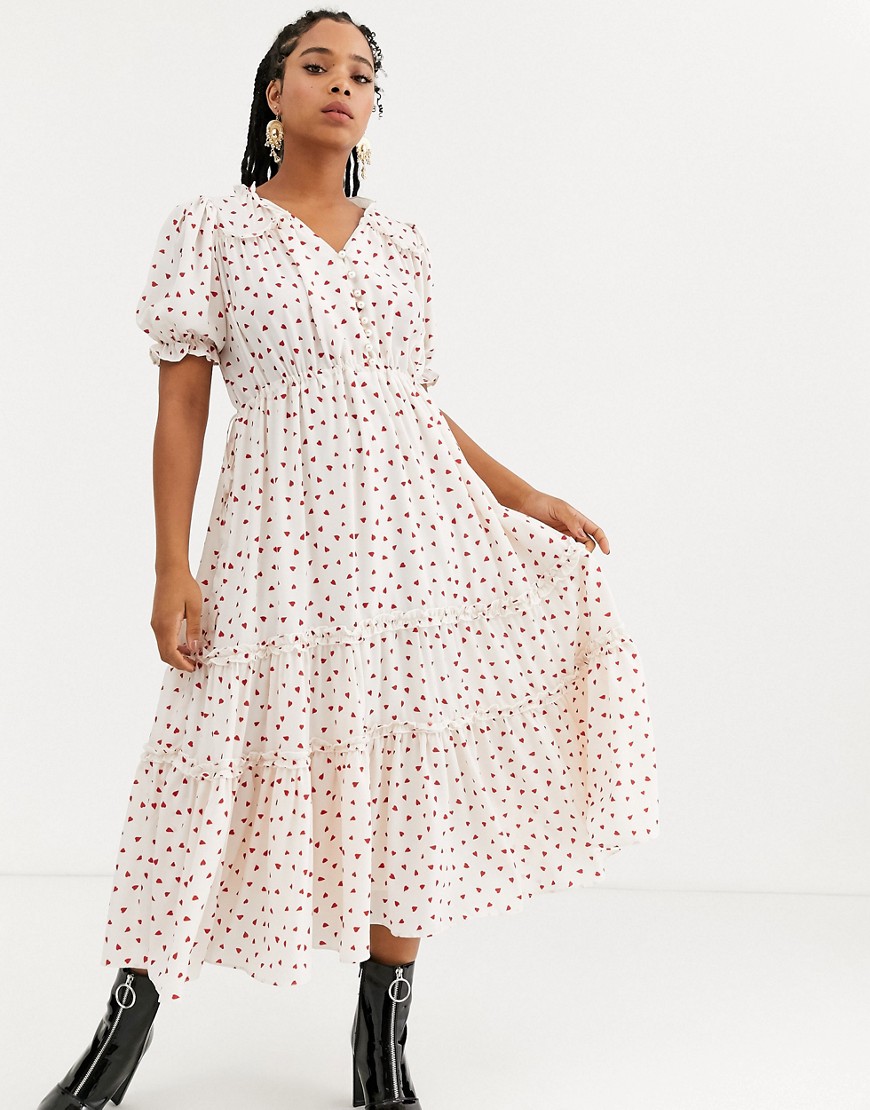 Sister Jane midi tea dress with faux pearl buttons and ruffles in ditsy heart print