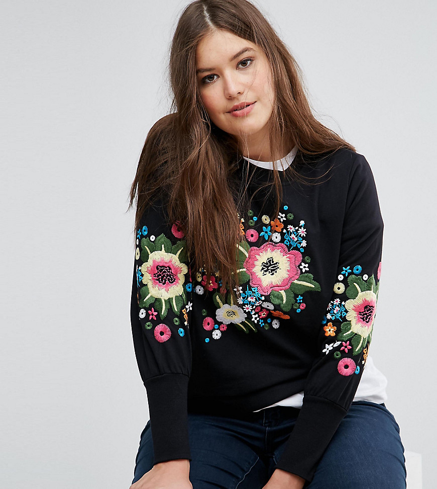 Simply Be Embroidered Sweat Top - Black