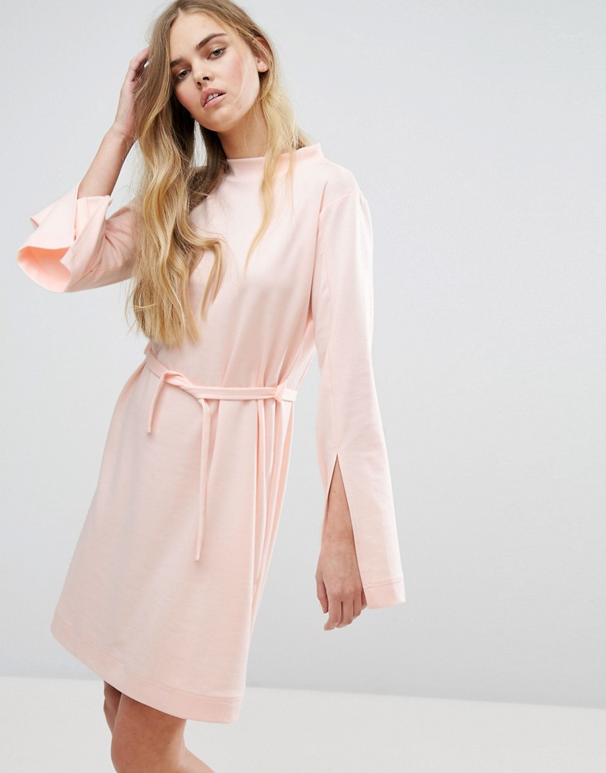 House Of Sunny Extra Long Sleeved Dress With Tie Waist - Pastel pink