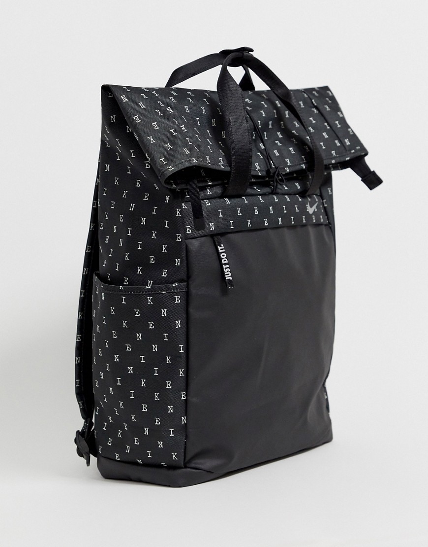 Nike black all over logo roll top backpack