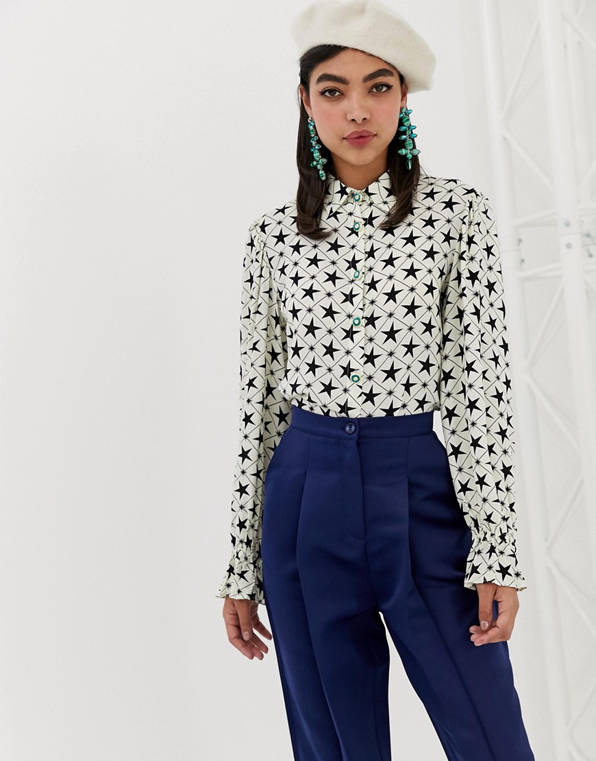 Sister Jane shirt with gathered cuffs in all over star print