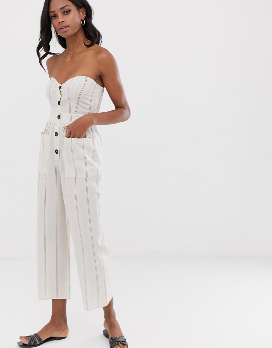 ASOS DESIGN bandeau button front jumpsuit with pockets in stripe print
