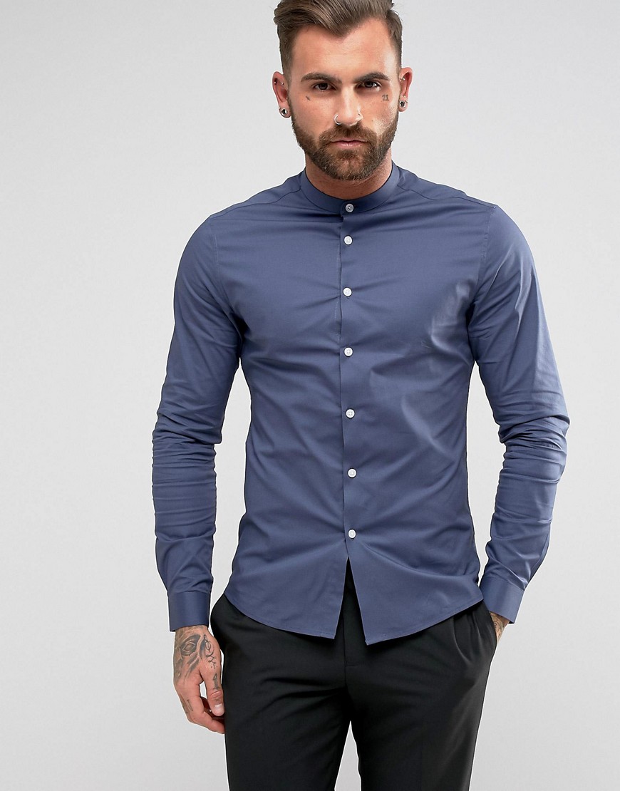 ASOS DESIGN skinny shirt with grandad collar in navy
