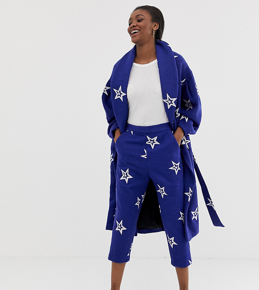 ASOS MADE IN KENYA star embroidered relaxed trousers in wool mix