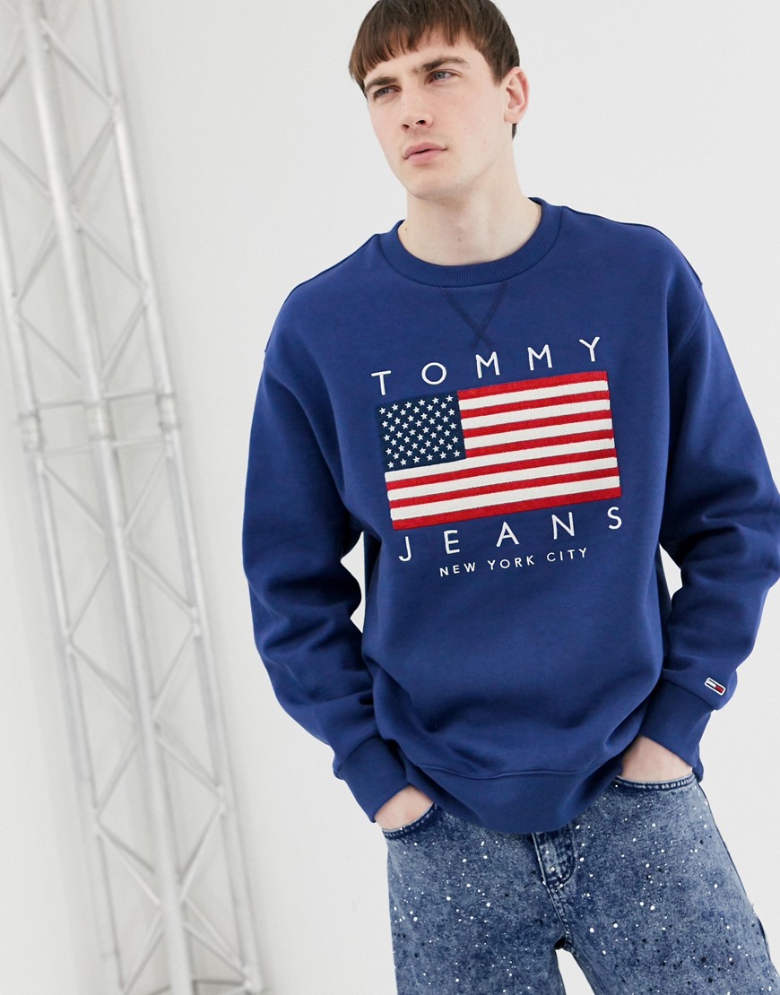 Tommy Jeans US Flag Capsule logo print crew neck sweatshirt in dark blue