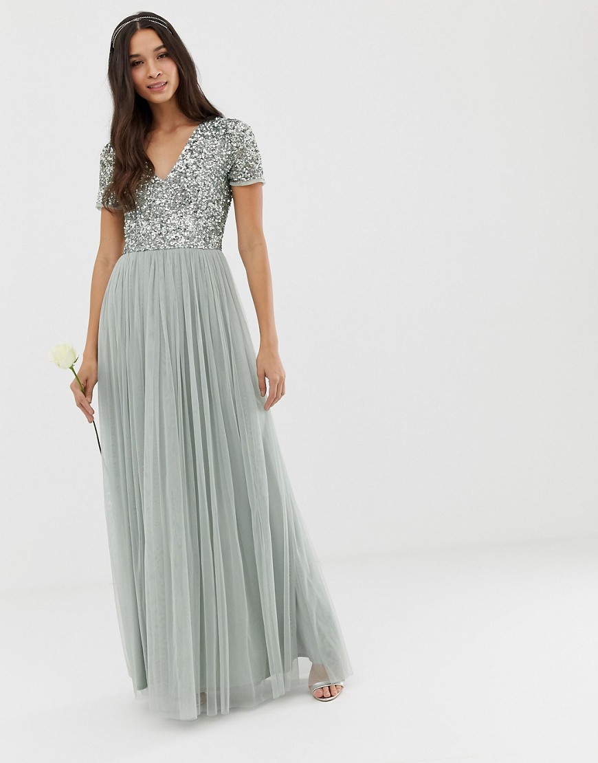 Maya Bridesmaid v neck maxi tulle dress with tonal delicate sequins in sage green