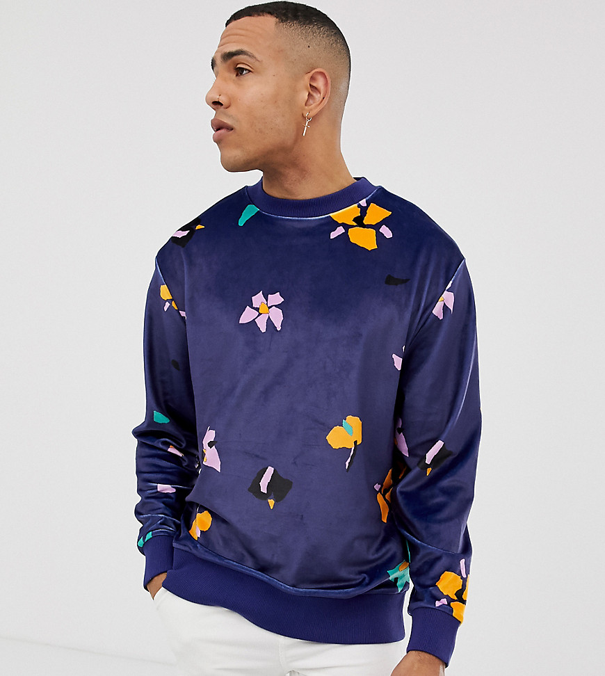 COLLUSION Tall velour printed floral sweatshirt in navy
