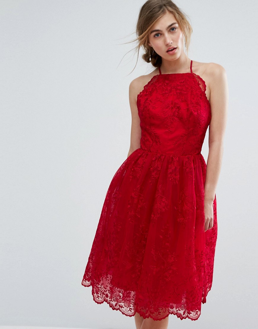 Chi Chi London High Neck Scalloped Lace Dress - Red