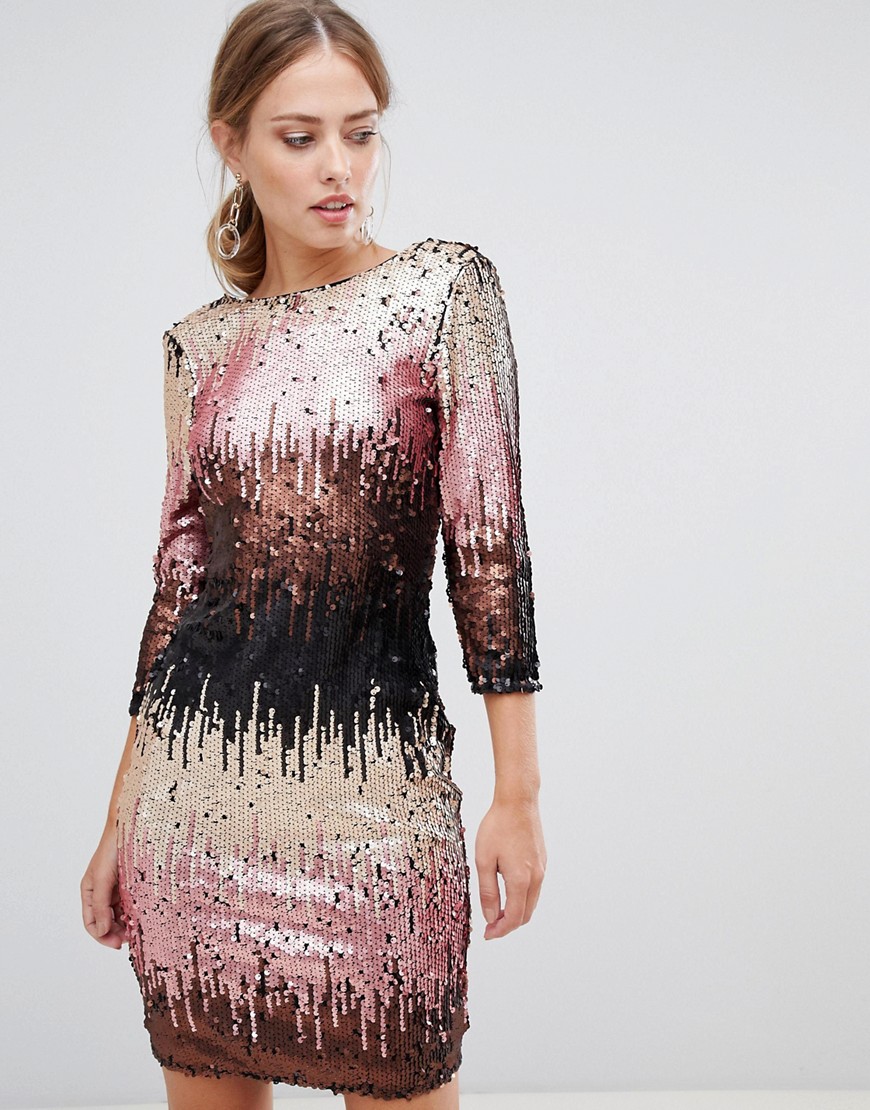 Little Mistress ombre sequin bodycon dress with long sleeves and scoop back