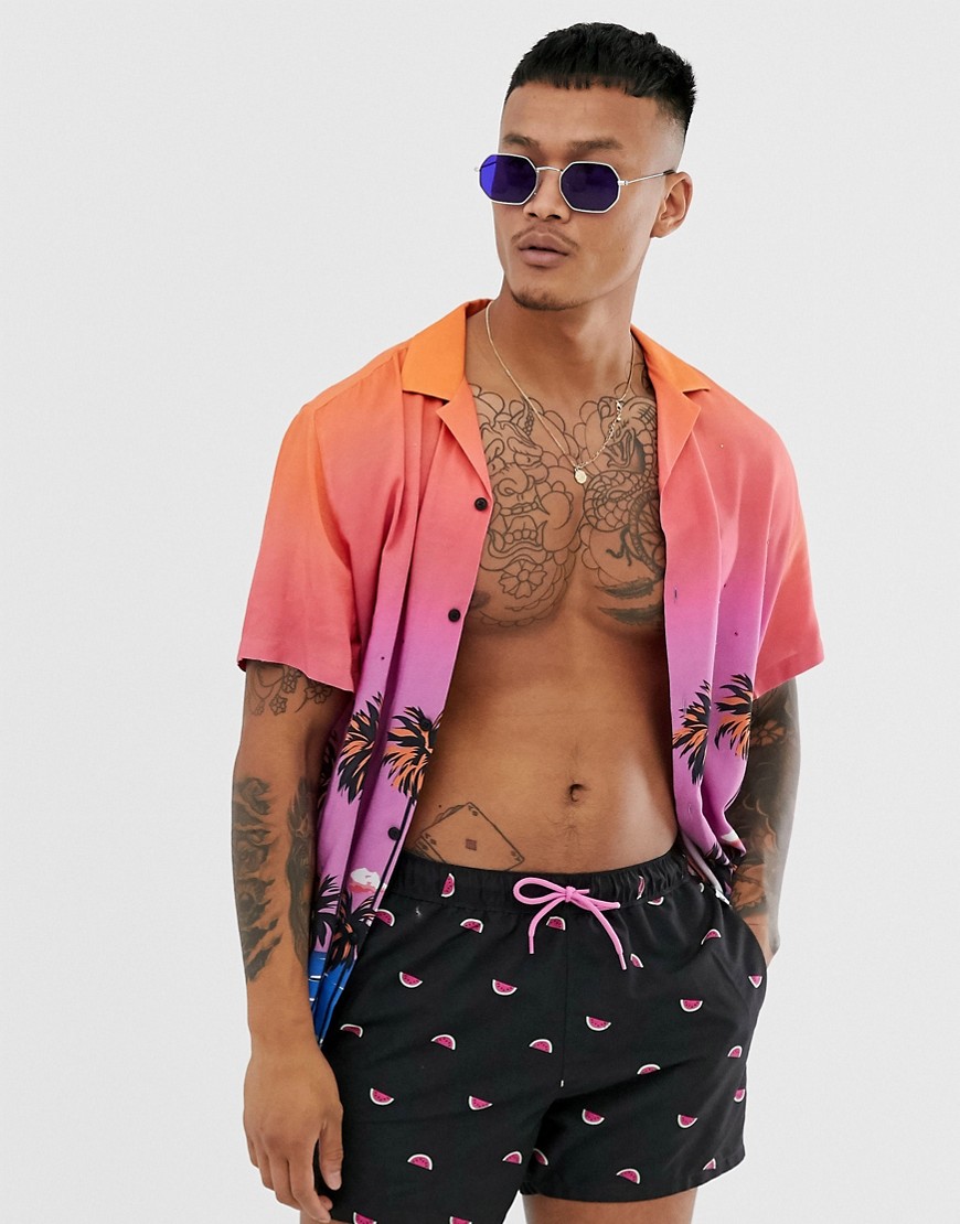 ASOS DESIGN swim shorts with ditsy watermelon and pink drawcord short length