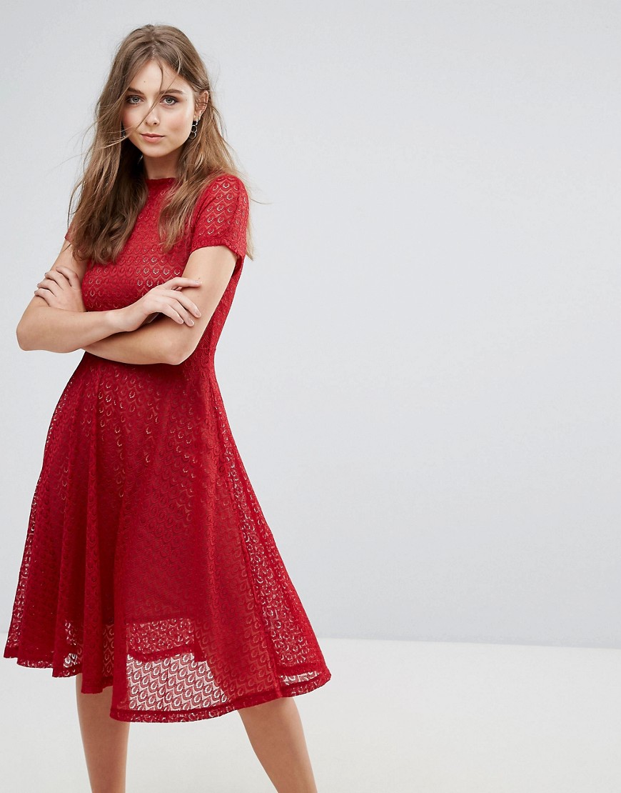 Goldie Lace Flared Midi Dress - Red