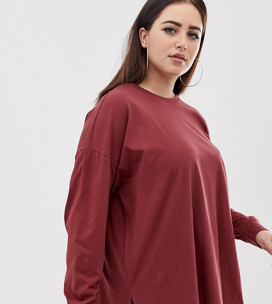 ASOS DESIGN Curve organic cotton long sleeve washed oversized long sleeve top in burgundy