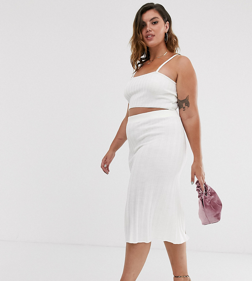 In The Style Plus knitted ribbed midi skirt in white