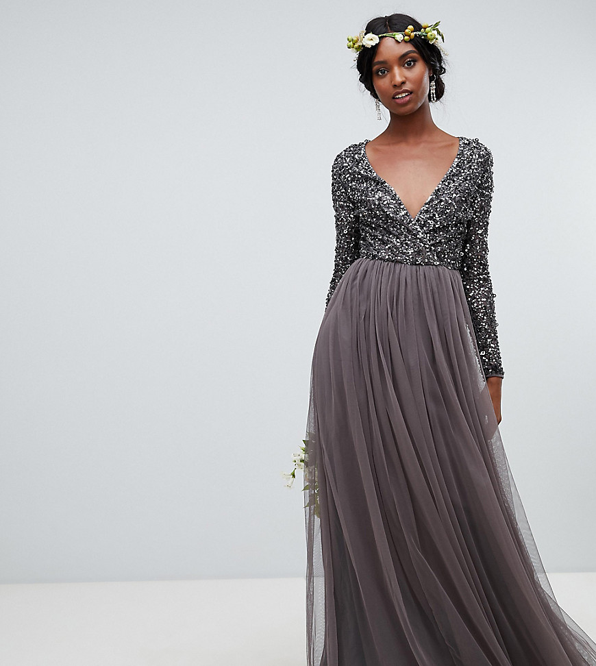 Maya Tall long sleeve wrap front maxi dress with delicate sequin and tulle skirt in charcoal - Charcoal