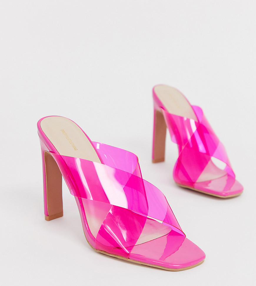 PrettyLittleThing high heeled mule sandal in clear hot pink