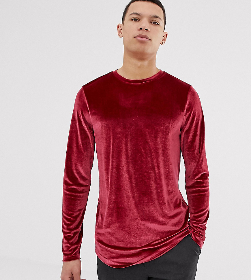 ASOS DESIGN Tall muscle longline long sleeve t-shirt with stretch in velour  in oxblood