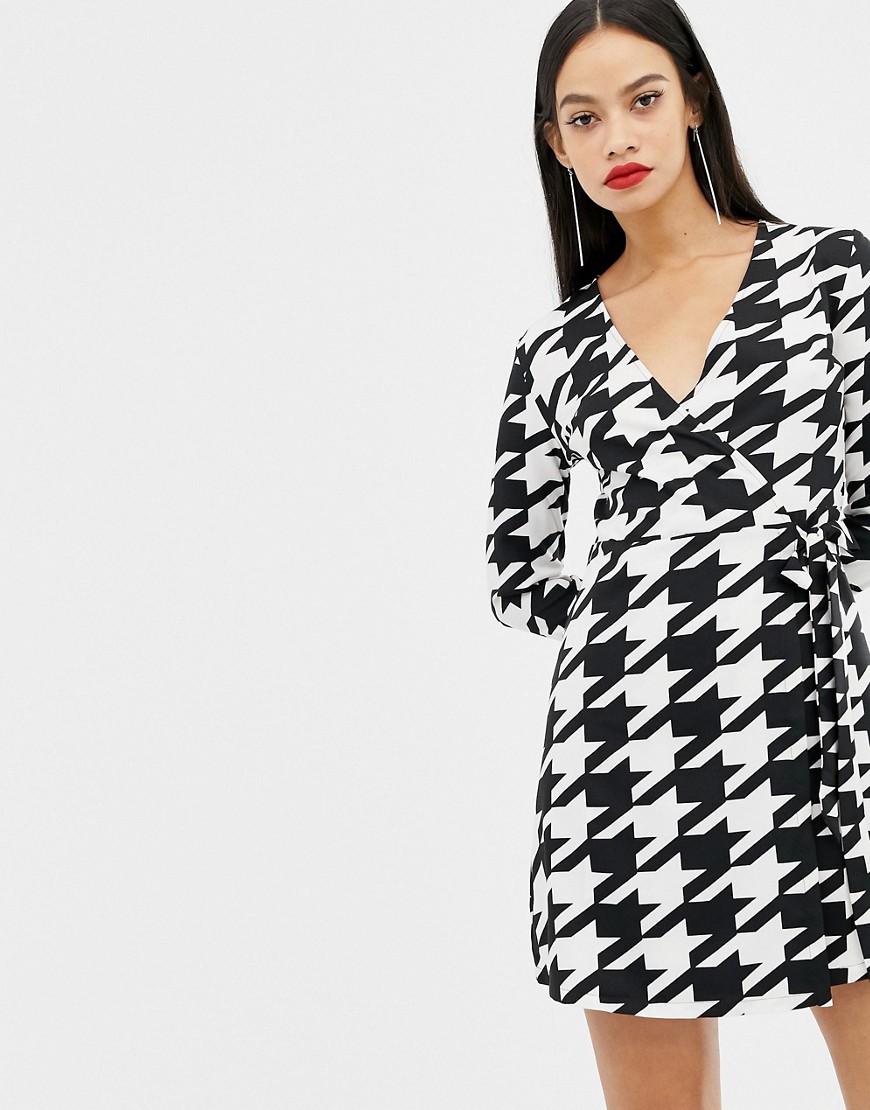 Unique21 dogtooth wrap front long sleeve dress