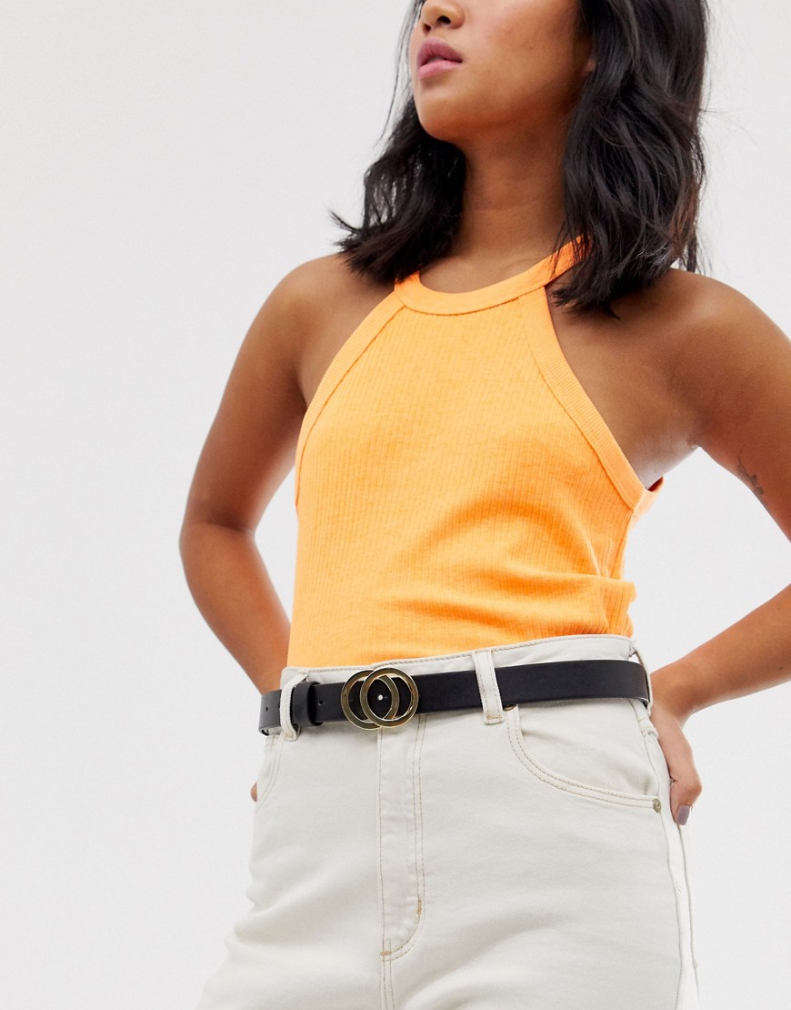Monki faux leather skinny belt with gold hardware in black