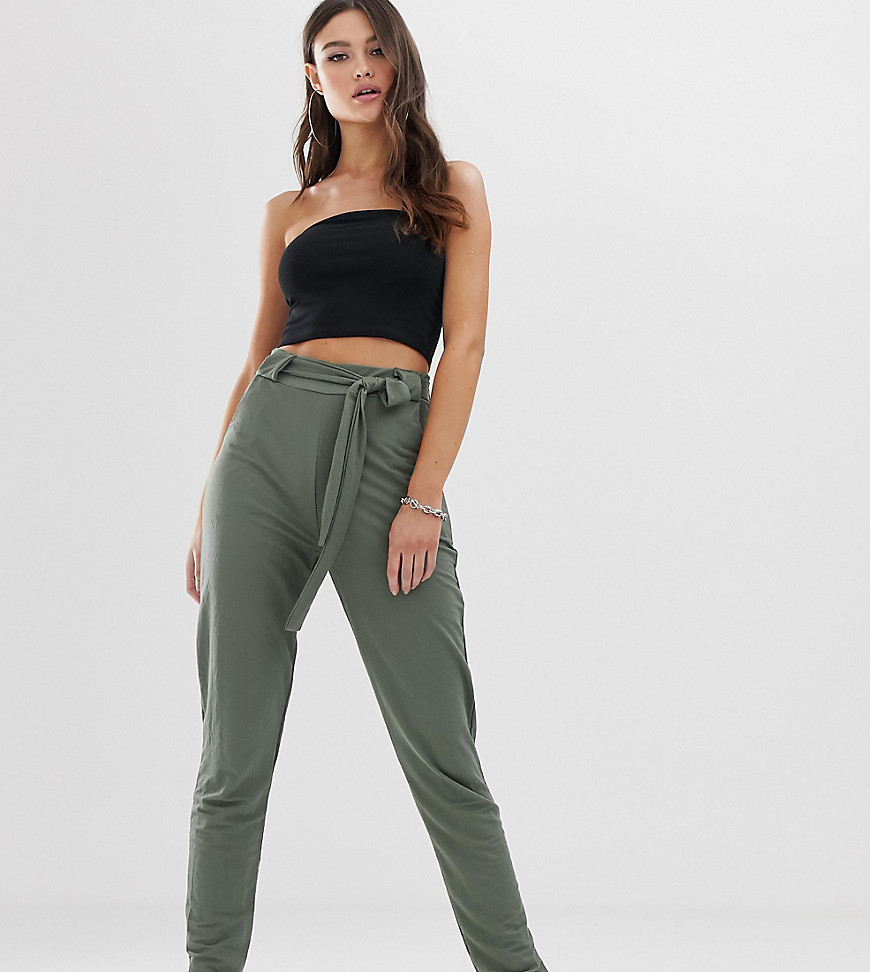 Boohoo cigarette trousers with tie waist in khaki