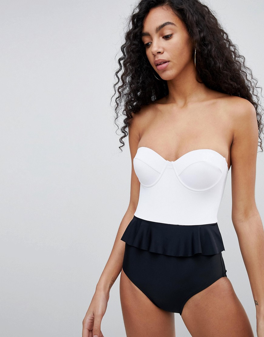 Amy Lynn Frill Waist Strapless Cupped Swimsuit - White black