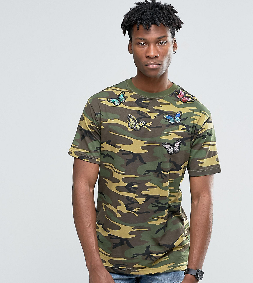 Reclaimed Vintage Camo T-Shirt With Butterfly Patches