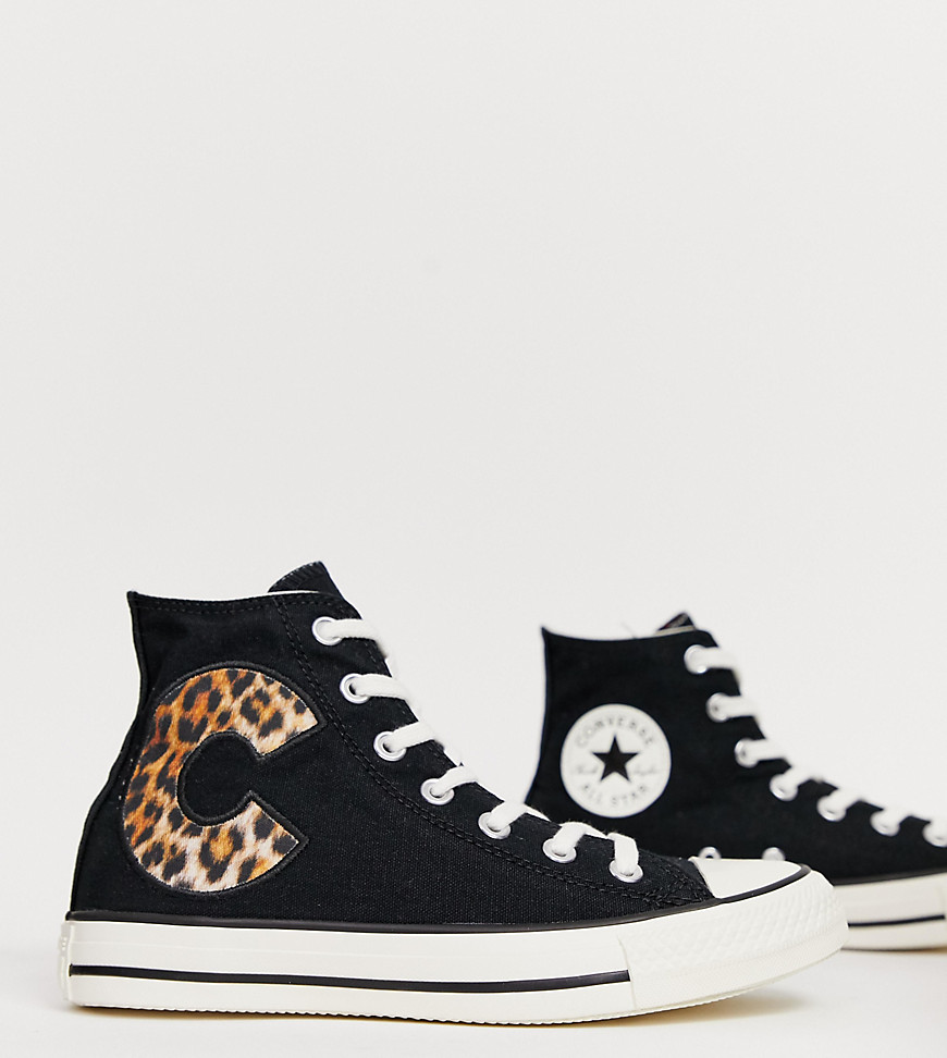 Converse Chuck Taylor Hi Black and Leopard Trainers