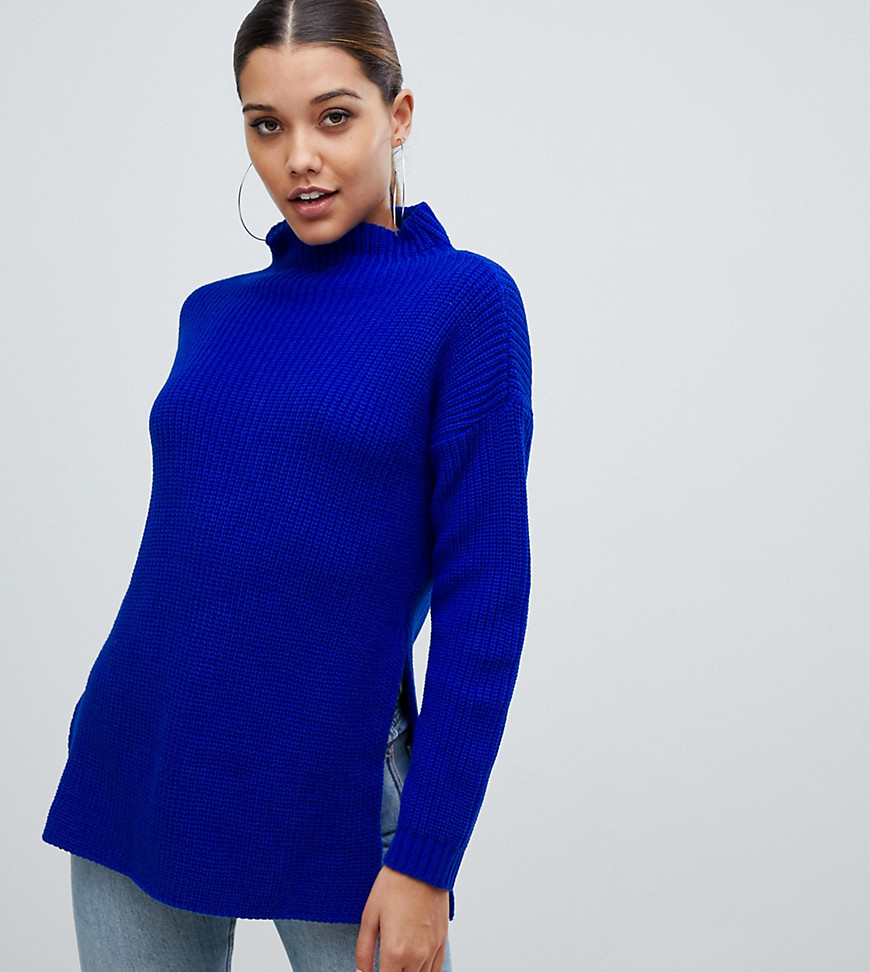 PrettyLittleThing high neck jumper with side split in bright blue