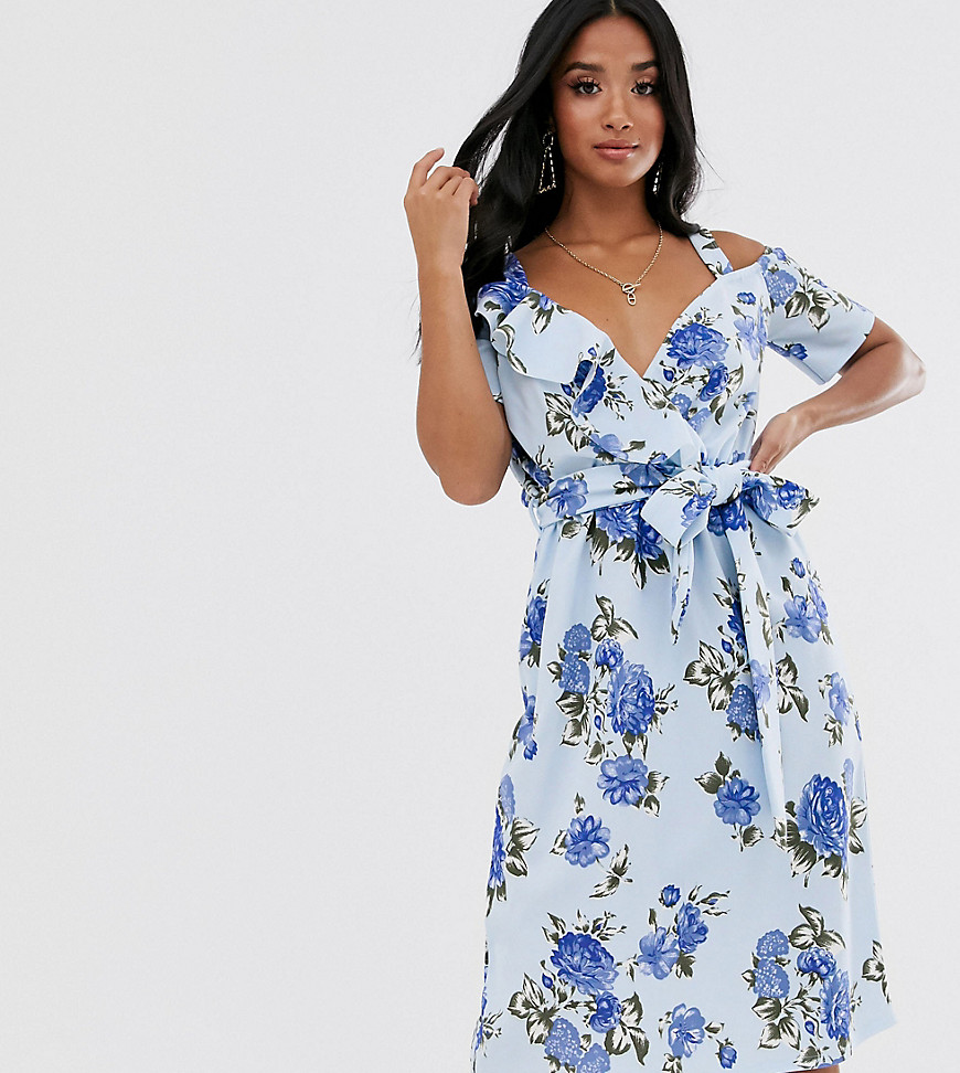 Boohoo Petite exclusive midi dress with cold shoulder in blue floral