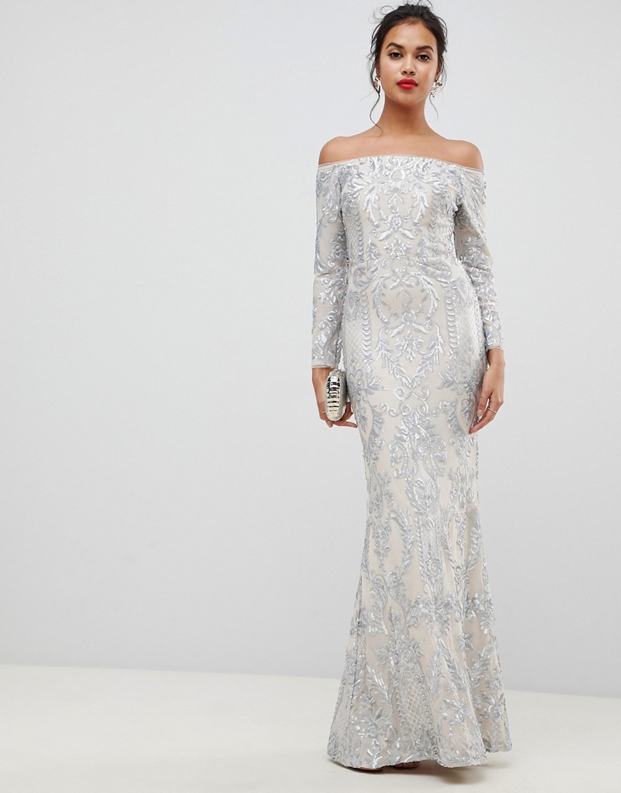 Bariano embellished patterned sequin off shoulder maxi dress in silver