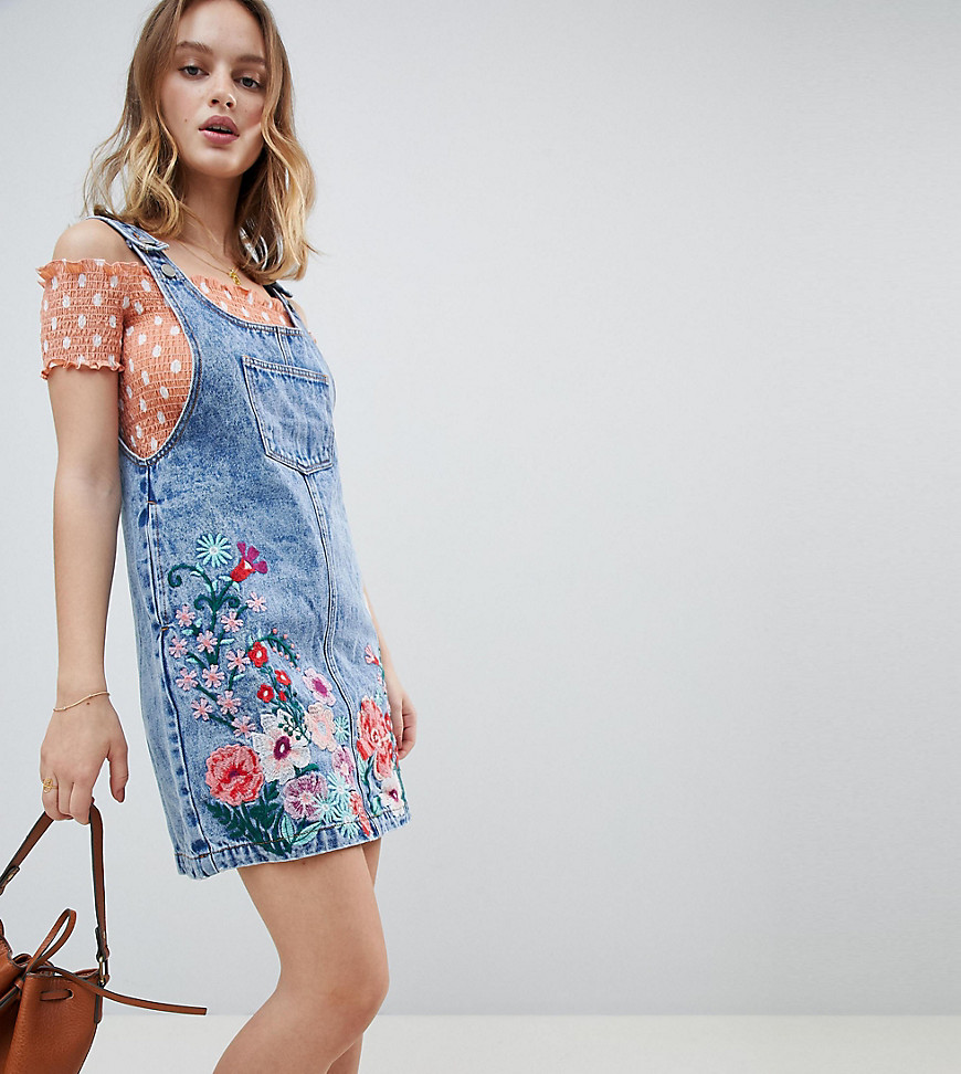 Glamorous Petite Mini Pinafore Dress With Floral Embroidery In Denim - Mid stone wash