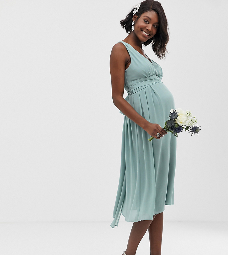 TFNC Maternity bridesmaid exclusive wrap front midi dress with tie back in sage