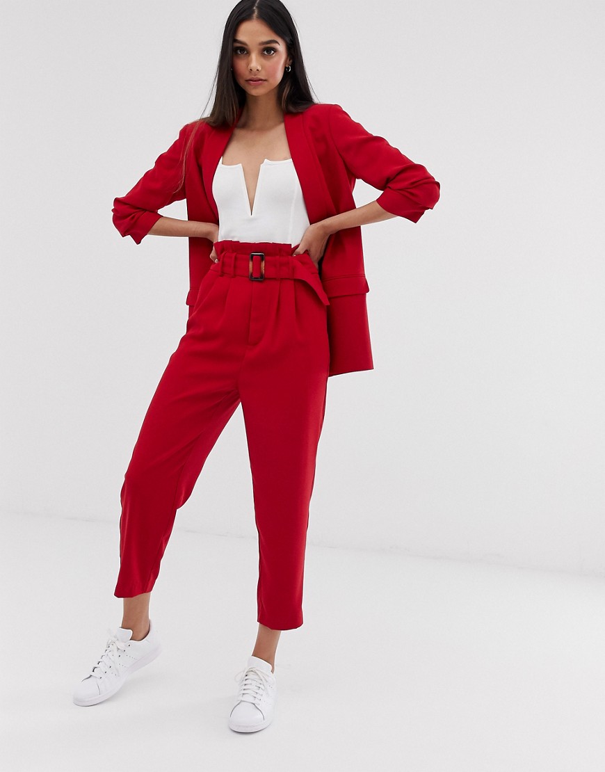 Stradivarius co ord belted tailored trousers in red